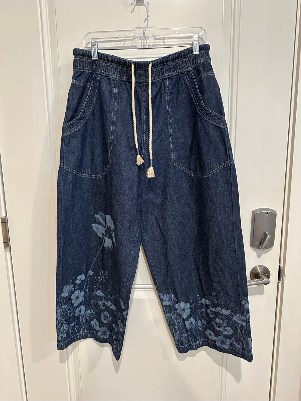 Free People pull on printed denim wide leg jeans